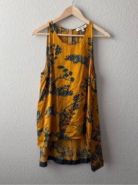 Mustard Yellow Floral Sleeveless 100% Silk Tunic with Green Print